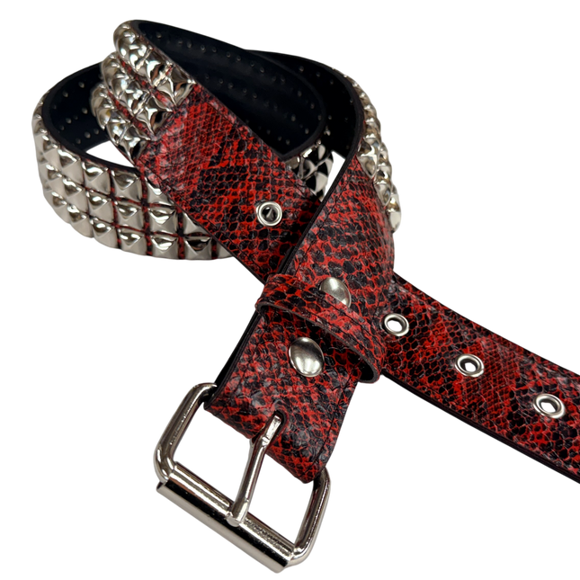 BT104SNK-RED SNAKE 3 ROW PYRAMID STUD BELT