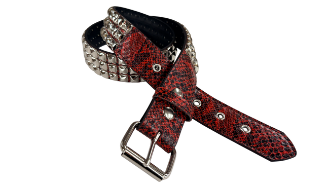 BT104SNK-RED SNAKE 3 ROW PYRAMID STUD BELT