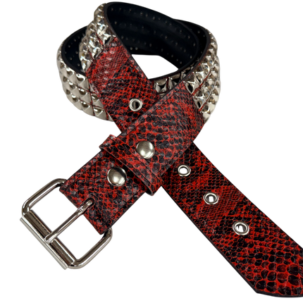 BT104SNK-RED  PYTHON RED SNAKE 3 ROW PYRAMID STUD BELT