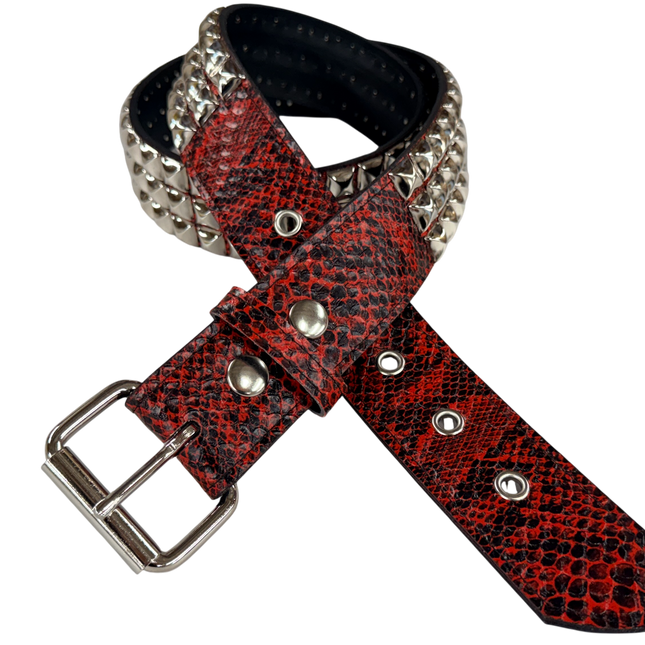 BT104SNK-RED SNAKE 3 ROW PYRAMID STUD BELT