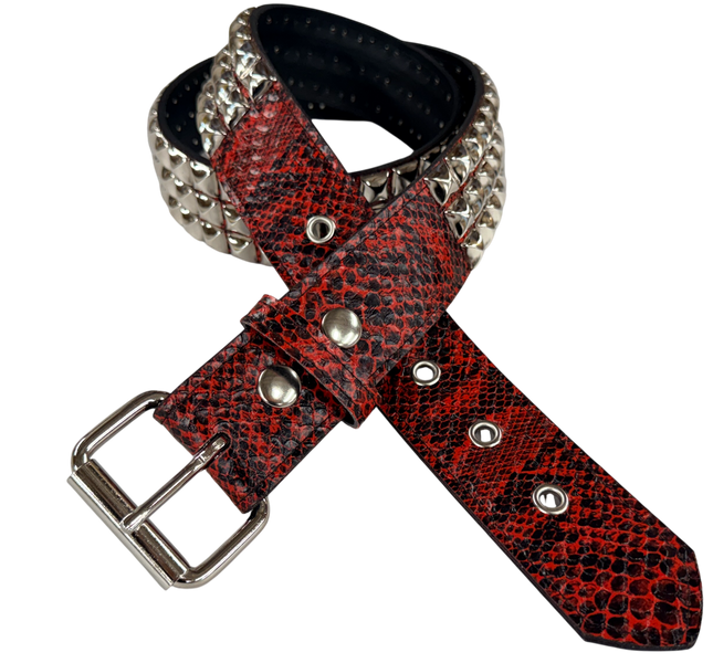 BT104SNK-RED SNAKE 3 ROW PYRAMID STUD BELT
