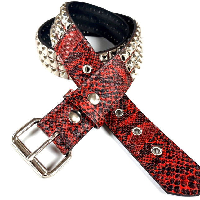BT104SNK-RED  PYTHON RED SNAKE 3 ROW PYRAMID STUD BELT