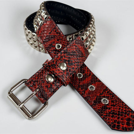 BT104SNK-RED  PYTHON RED SNAKE 3 ROW PYRAMID STUD BELT
