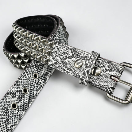 BT104SNK-WHITE  PYTHON WHITE SNAKE 3 ROW BLACK PYRAMID STUD BELT