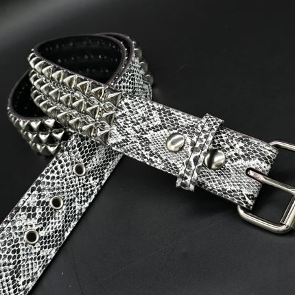 BT104SNK-WHITE  PYTHON WHITE SNAKE 3 ROW BLACK PYRAMID STUD BELT