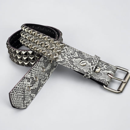 BT104SNK-WHITE  PYTHON WHITE SNAKE 3 ROW BLACK PYRAMID STUD BELT