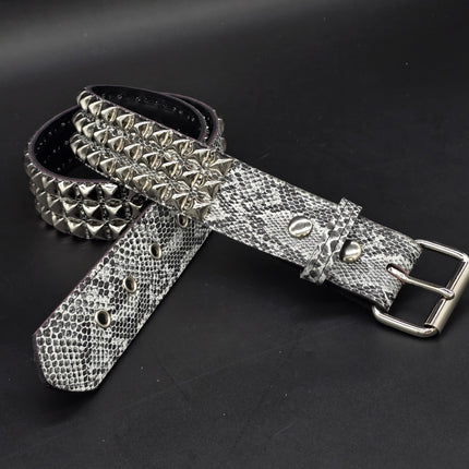 BT104SNK-WHITE  PYTHON WHITE SNAKE 3 ROW BLACK PYRAMID STUD BELT
