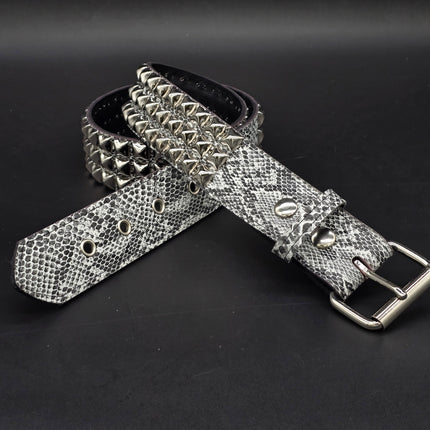 BT104SNK-WHITE  PYTHON WHITE SNAKE 3 ROW BLACK PYRAMID STUD BELT