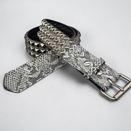 BT104SNK-WHITE  PYTHON WHITE SNAKE 3 ROW BLACK PYRAMID STUD BELT