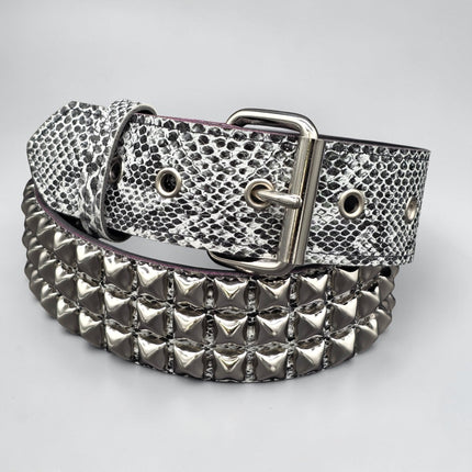 BT104SNK-WHITE  PYTHON WHITE SNAKE 3 ROW BLACK PYRAMID STUD BELT