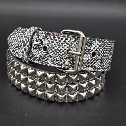 BT104SNK-WHITE  PYTHON WHITE SNAKE 3 ROW BLACK PYRAMID STUD BELT
