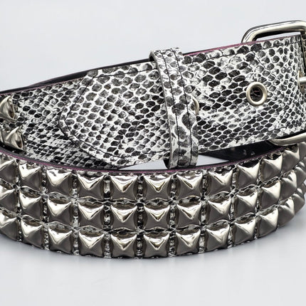 BT104SNK-WHITE  PYTHON WHITE SNAKE 3 ROW BLACK PYRAMID STUD BELT