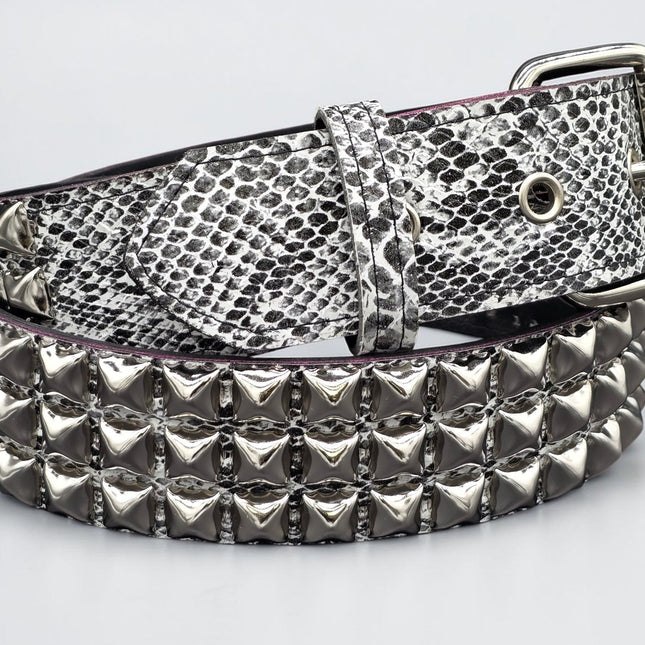 BT104SNK-WHITE  PYTHON WHITE SNAKE 3 ROW BLACK PYRAMID STUD BELT