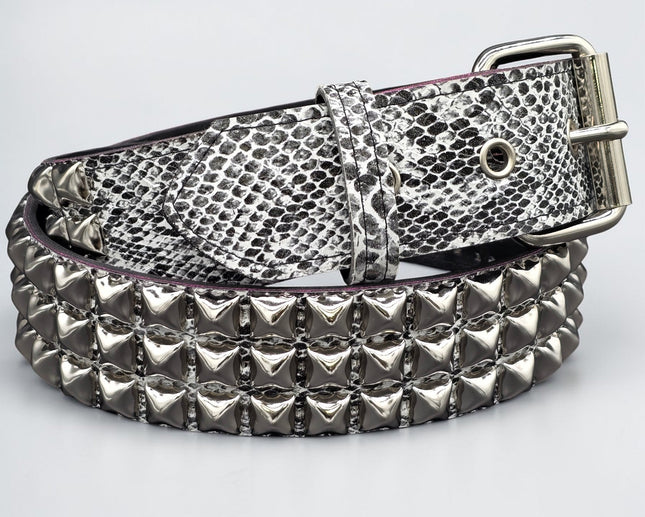 BT104SNK-WHITE  PYTHON WHITE SNAKE 3 ROW BLACK PYRAMID STUD BELT