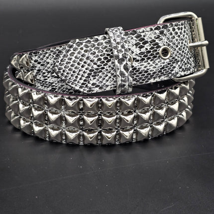 BT104SNK-WHITE  PYTHON WHITE SNAKE 3 ROW BLACK PYRAMID STUD BELT