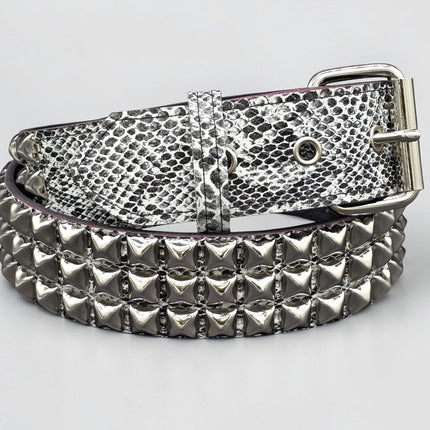 BT104SNK-WHITE  PYTHON WHITE SNAKE 3 ROW BLACK PYRAMID STUD BELT
