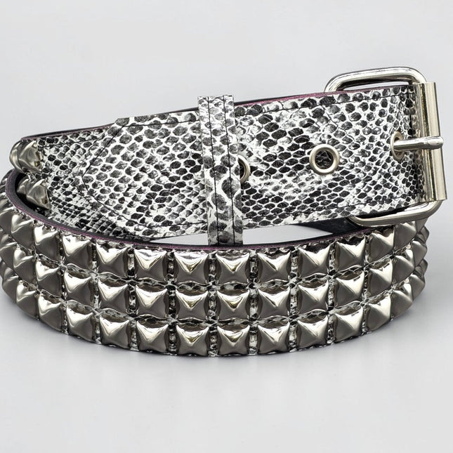 BT104SNK-WHITE  PYTHON WHITE SNAKE 3 ROW BLACK PYRAMID STUD BELT