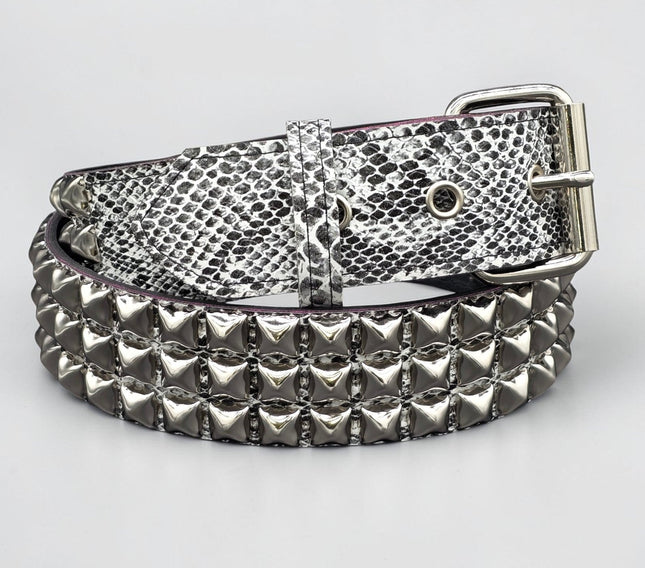 BT104SNK-WHITE  PYTHON WHITE SNAKE 3 ROW BLACK PYRAMID STUD BELT