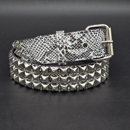 BT104SNK-WHITE  PYTHON WHITE SNAKE 3 ROW BLACK PYRAMID STUD BELT