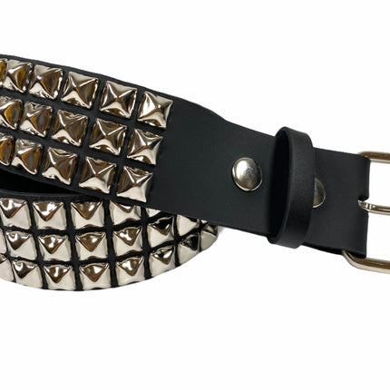BT104US  FULL GRAIN GRADE A USA TANNERY THREE ROW PYRAMID STUDDED BELT