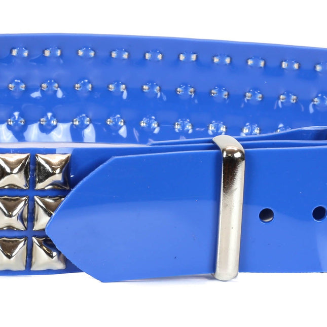 BT104VN-BLU  PVC BLUE 3 ROW PYRAMID STUDDED  BELT