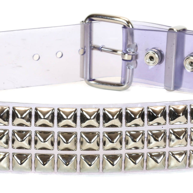 BT104VN-CLR CLEAR PVC 3 ROW PYRAMID STUDDED  BELT