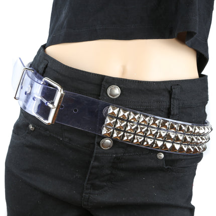 BT104VN-CLR CLEAR PVC 3 ROW PYRAMID STUDDED  BELT