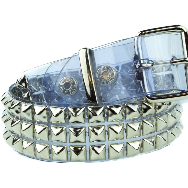 BT104VN-CLR CLEAR PVC 3 ROW PYRAMID STUDDED  BELT