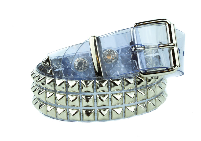 BT104VN-CLR CLEAR PVC 3 ROW PYRAMID STUDDED  BELT
