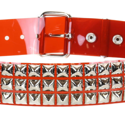 BT104VN-RED  PVC 3 ROW PYRAMID STUDDED  BELT