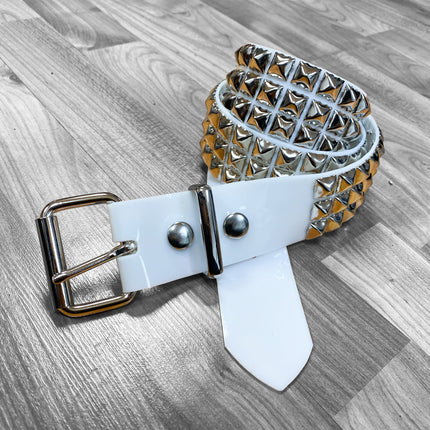 BT104VN-WHT  PVC 3 ROW PYRAMID STUDDED  BELT