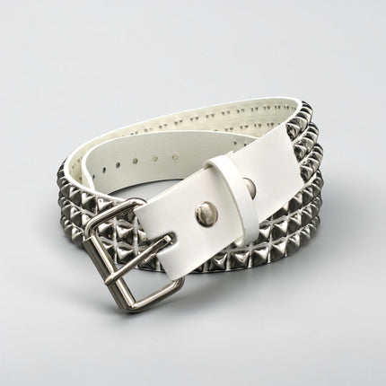 BT104WHITE GENUINE LEATHER WHITE 3 ROW PYRAMID STUDDED  BELT
