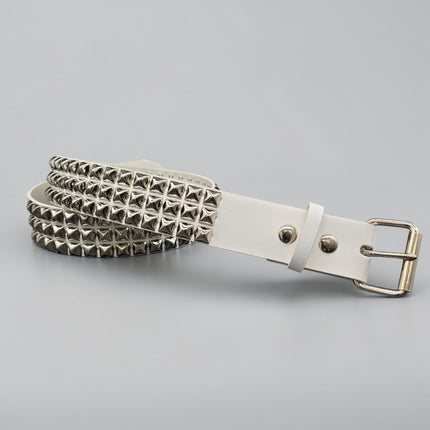 BT104WHITE GENUINE LEATHER WHITE 3 ROW PYRAMID STUDDED  BELT