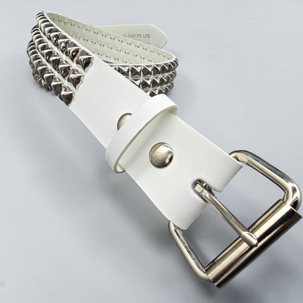BT104WHITE GENUINE LEATHER WHITE 3 ROW PYRAMID STUDDED  BELT