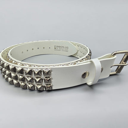 BT104WHITE GENUINE LEATHER WHITE 3 ROW PYRAMID STUDDED  BELT