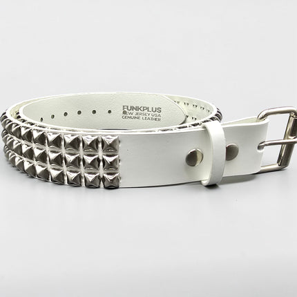 BT104WHITE GENUINE LEATHER WHITE 3 ROW PYRAMID STUDDED  BELT
