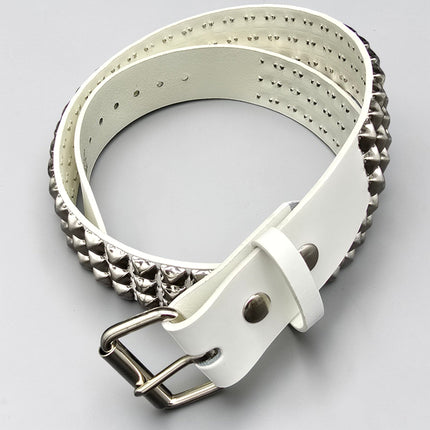 BT104WHITE GENUINE LEATHER WHITE 3 ROW PYRAMID STUDDED  BELT