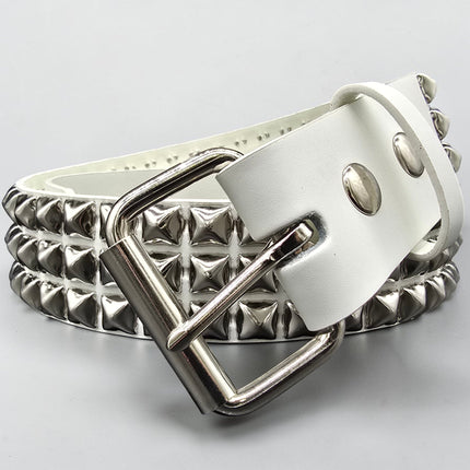 BT104WHITE GENUINE LEATHER WHITE 3 ROW PYRAMID STUDDED  BELT