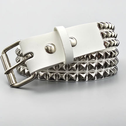 BT104WHITE GENUINE LEATHER WHITE 3 ROW PYRAMID STUDDED  BELT