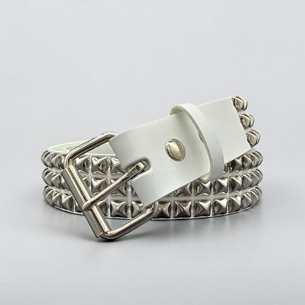 BT104WHITE GENUINE LEATHER WHITE 3 ROW PYRAMID STUDDED  BELT