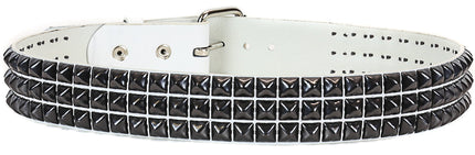 BT104WT-BS  GENUINE WHITE LEATHER 3 ROW GUNMETAL  PYRAMID STUDDED  BELT