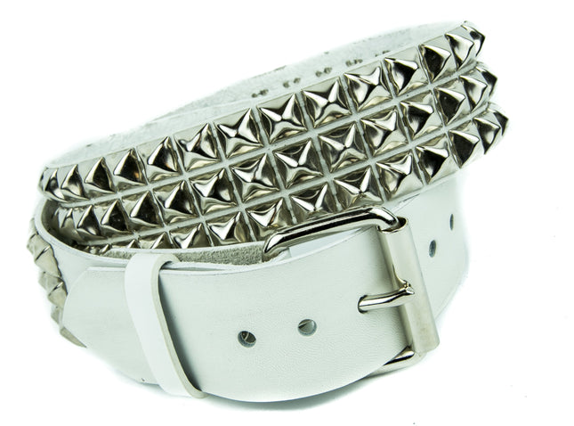 BT104WT  VEGAN WHITE 3 ROW PYRAMID STUDDED  BELT