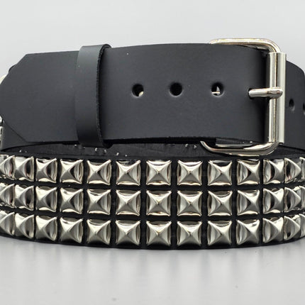 BT104US  FULL GRAIN GRADE A USA TANNERY THREE ROW PYRAMID STUDDED BELT