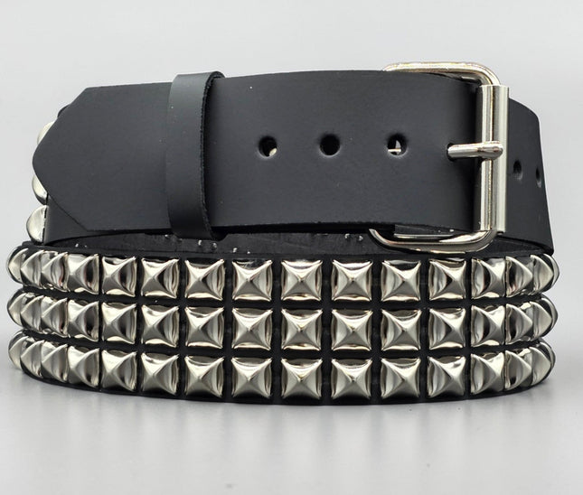 BT104US  FULL GRAIN GRADE A USA TANNERY THREE ROW PYRAMID STUDDED BELT