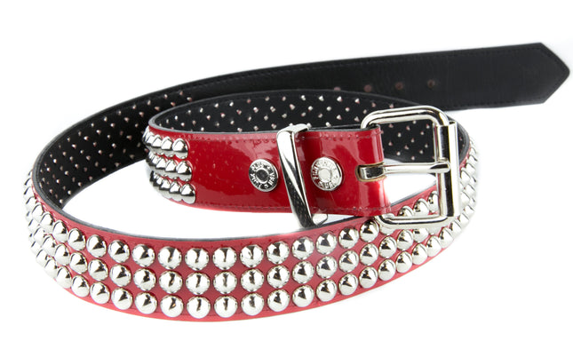 BT108-RD RED LEATHER BELT, 3 ROW CONICAL STUDS, 1 1/2" INCH WIDE