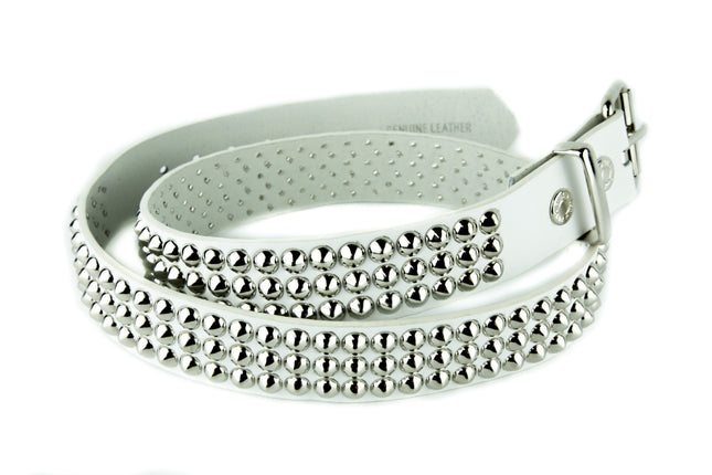 BT108-WHITE LEATHER BELT, 3 ROW CONICAL STUDS, 1 1/2" WIDE