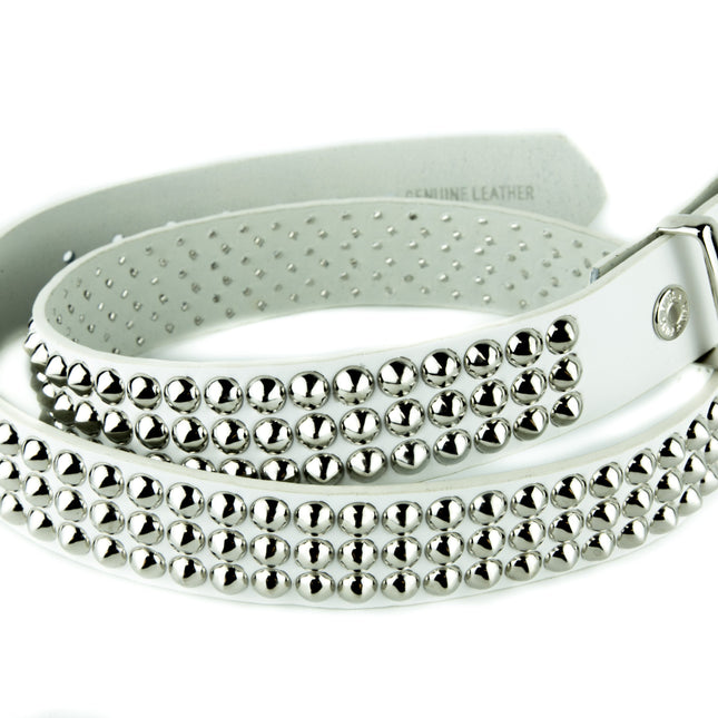 BT108-WHITE LEATHER BELT, 3 ROW CONICAL STUDS, 1 1/2" WIDE