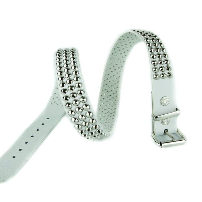 BT108-WHITE LEATHER BELT, 3 ROW CONICAL STUDS, 1 1/2" WIDE