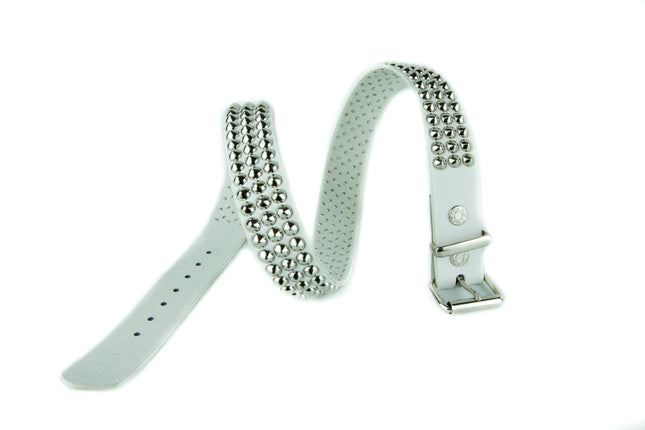 BT108-WHITE LEATHER BELT, 3 ROW CONICAL STUDS, 1 1/2" WIDE