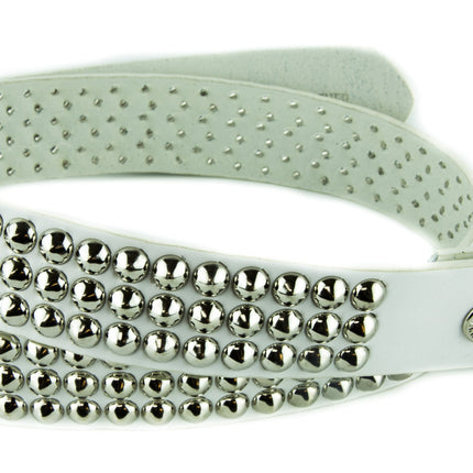 BT108-WHITE LEATHER BELT, 3 ROW CONICAL STUDS, 1 1/2" WIDE